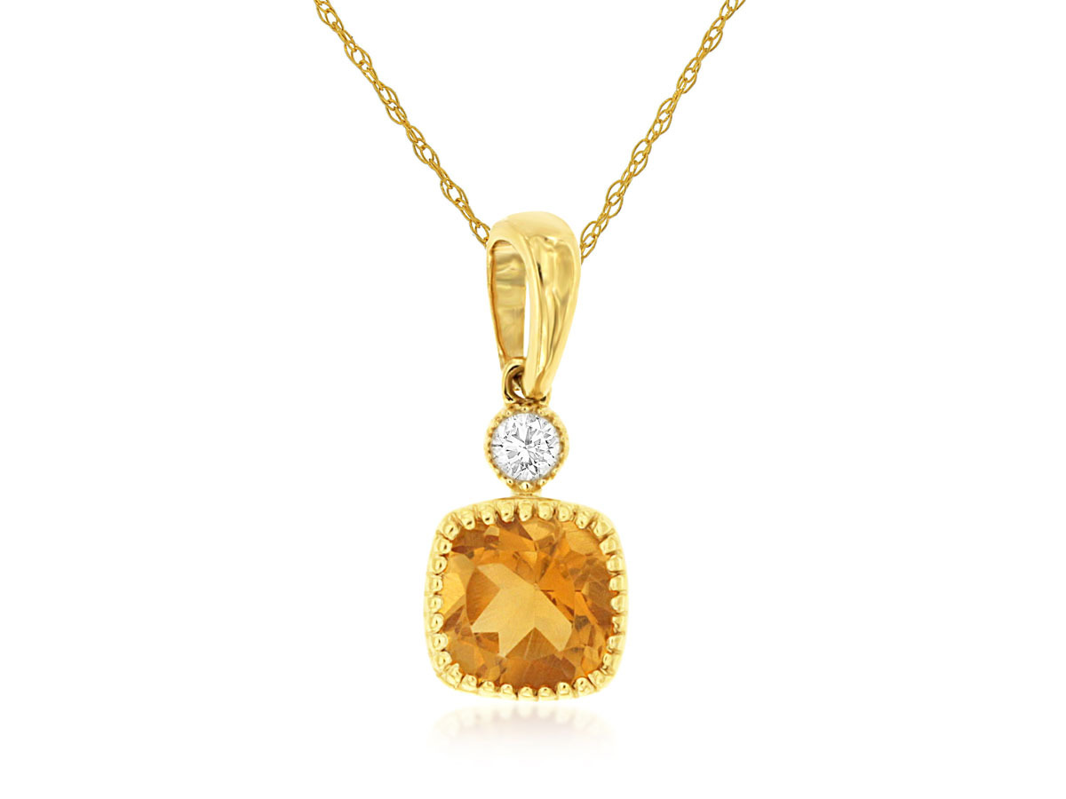 0.56ct Cushion Cut Citrine Necklace with 0.03ct Diamond Accents Bezel Set in 14K Yellow Gold