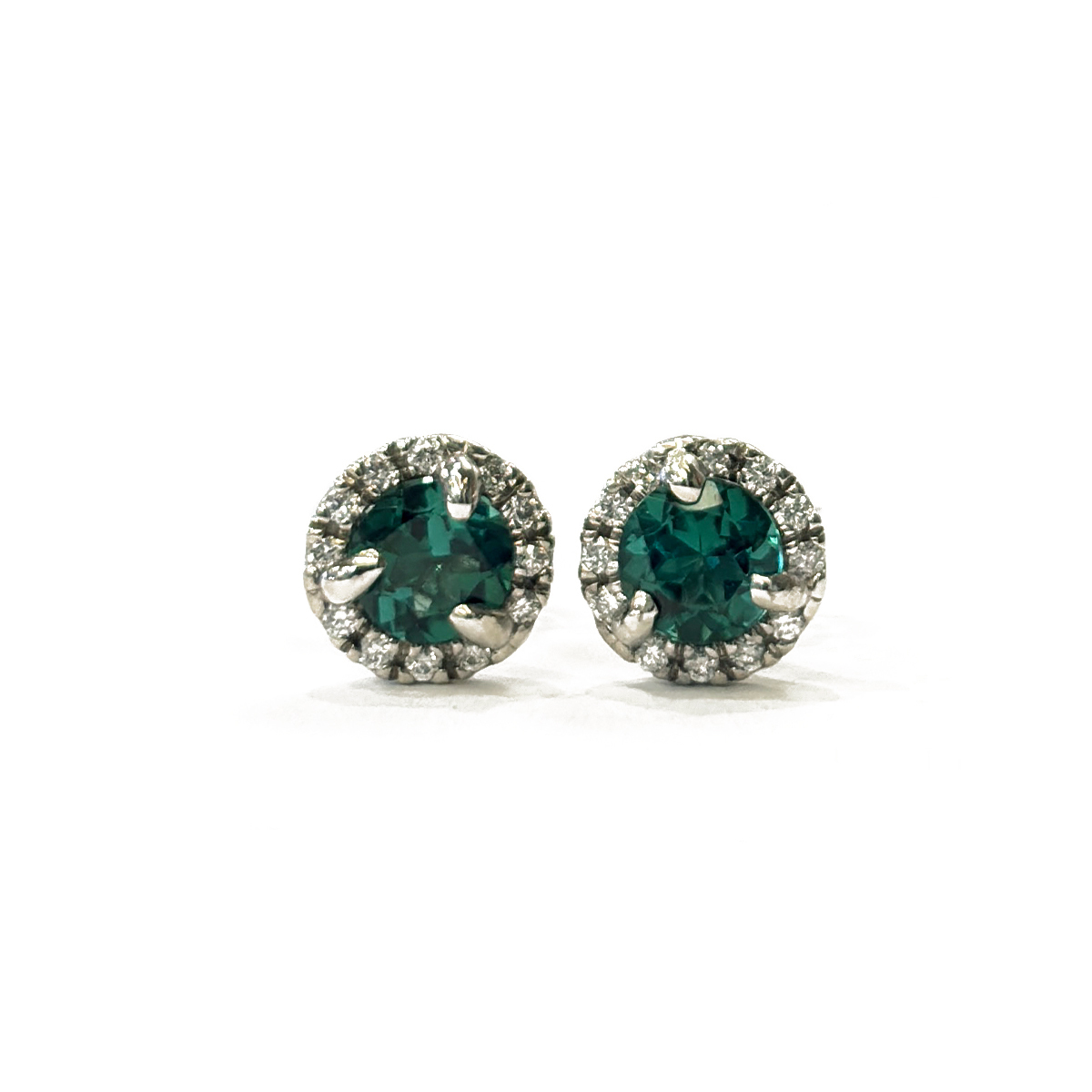 0.60cttw Round Cut Indicolite Tourmaline Studs with 0.10cttw Diamond Halo Accents Prong Set in Platinum
