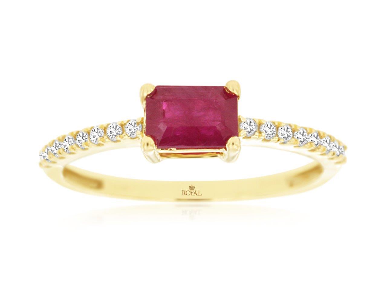 0.63ct Emerald Cut Ruby Ring East West Set with 0.14cttw Diamond Accents Prong Set in 14K Yellow Gold