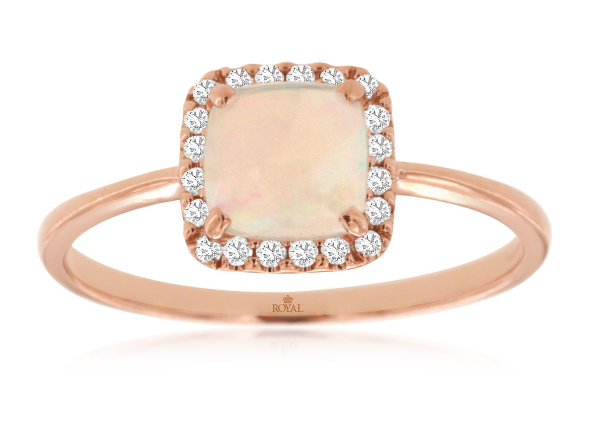 0.65ct Round Cabochon Opal Ring with 0.11cttw Diamond Accents Prong Set in 14K Rose Gold