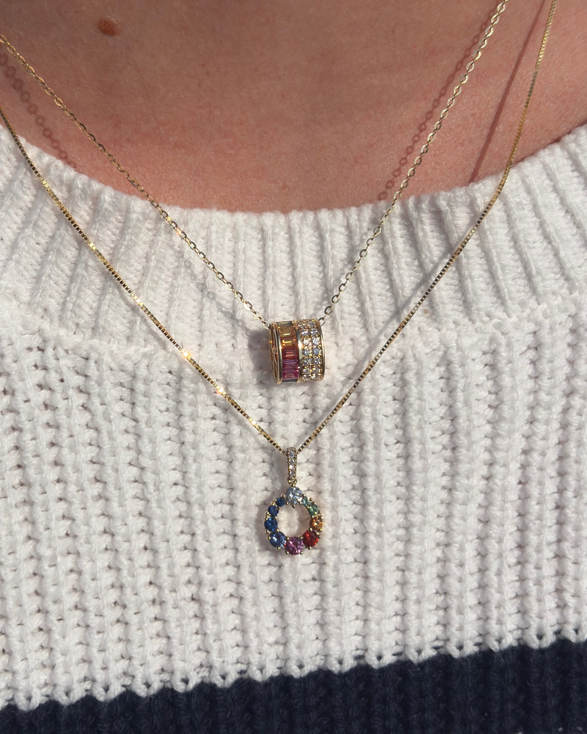 0.67cttw Rainbow Sapphire Barrel Pendant with 0.23cttw Diamond Accents Set in 14K Yellow Gold on an 18 Adjustable Chain