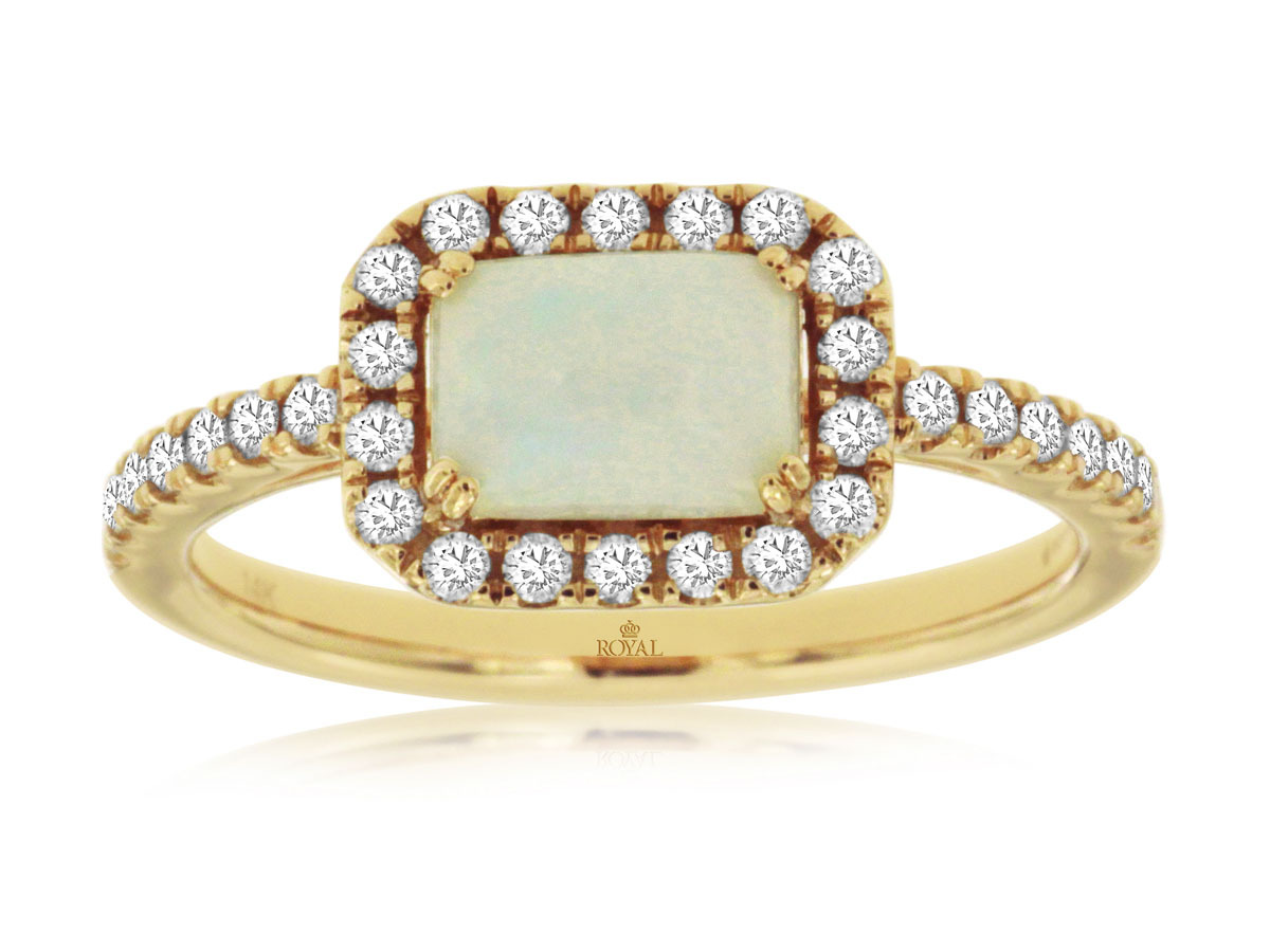 0.70ct Cabochon Opal Ring with 0.33cttw Diamond Accents Prong Set in 14K Yellow Gold