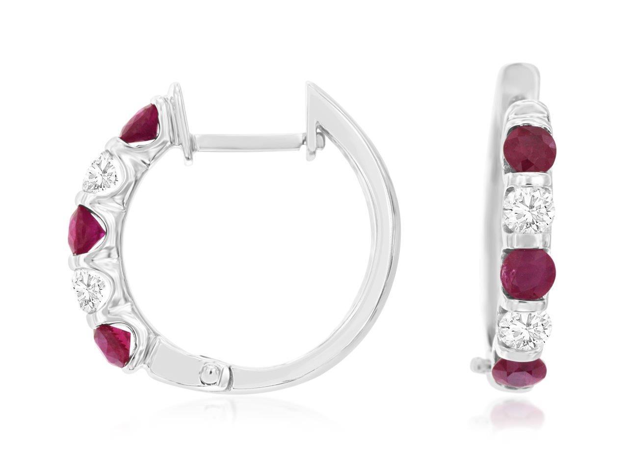 0.70cttw Round Ruby Hoops with 0.70cttw Diamond Accents Bar Set in 14K White Gold