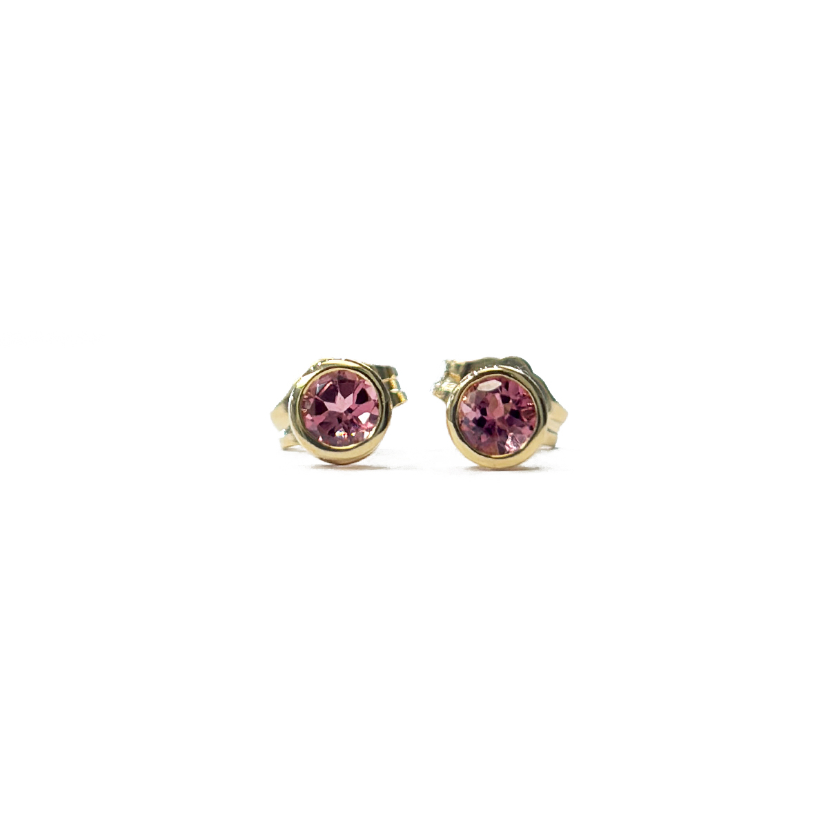 0.76cttw Brilliant Cut Pink Tourmaline Stud Earrings Bezel Set in 14K Yellow Gold
