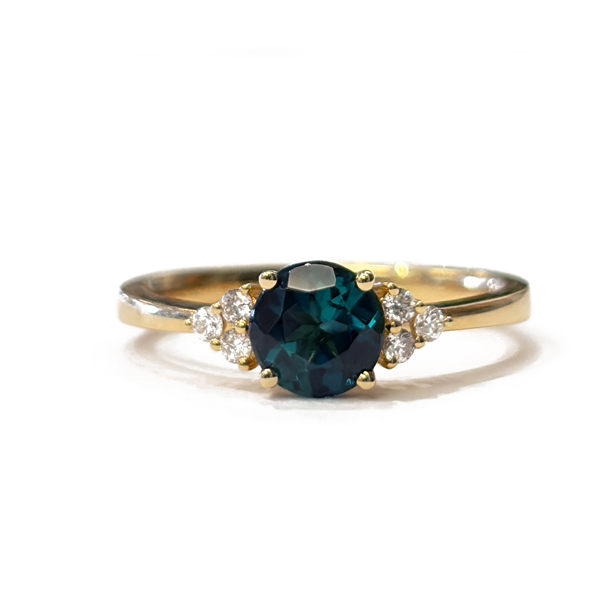 0.79ct Round Cut Indicolite Tourmaline Three Dories Ring with 0.11cttw Diamond Accents Prong Set in 18K Yellow Gold