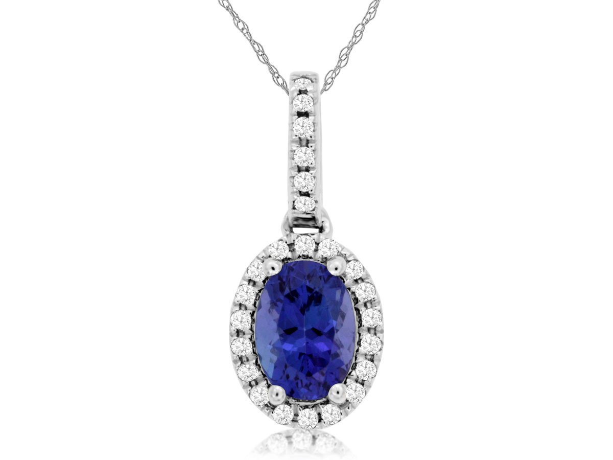 0.84ct Oval Cut Tanzanite Necklace with 0.12cttw Diamond Accents Prong Set in 14K White Gold