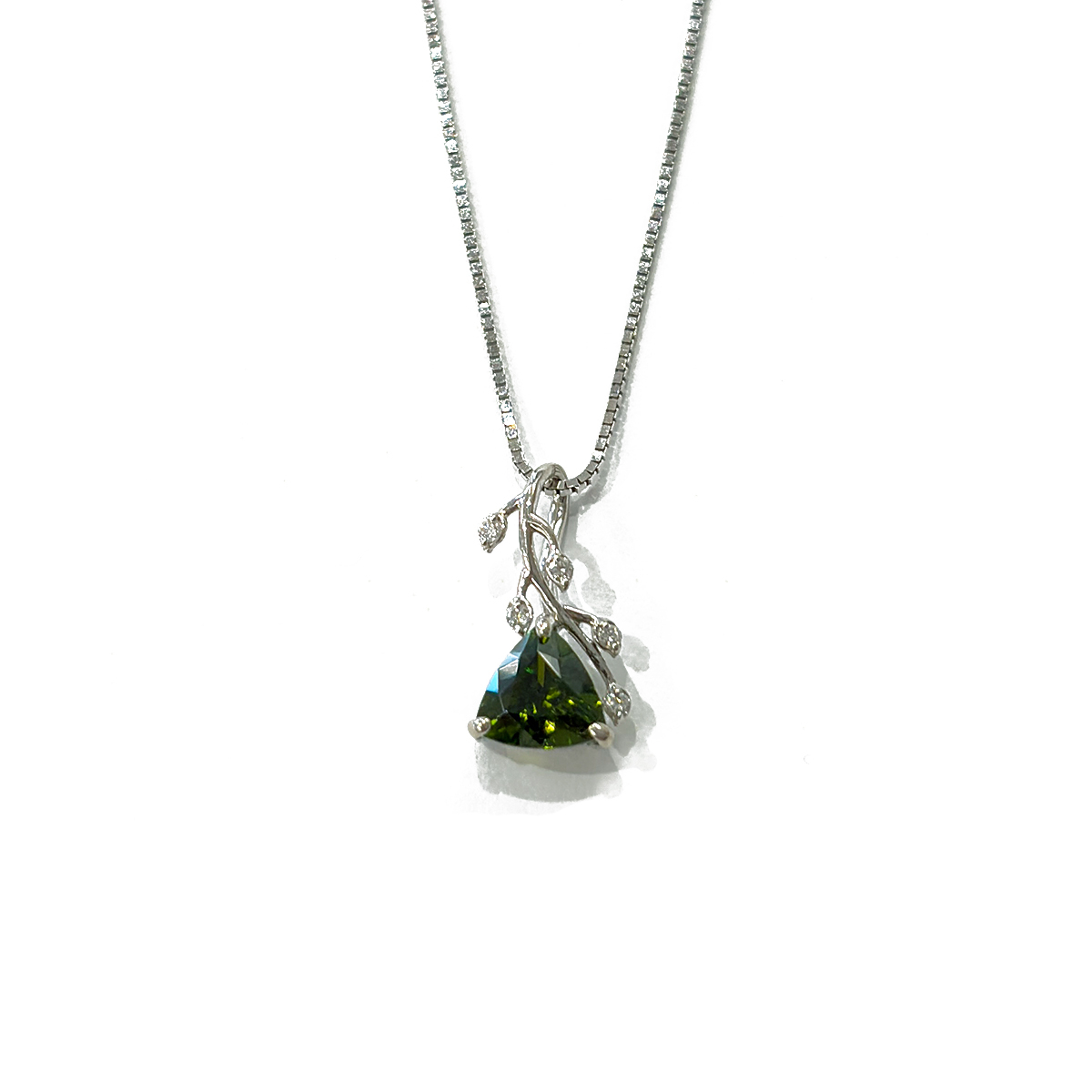 0.84ct Trillion Cut Maine Green Tourmaline Floral Pendant with 0.04cttw Diamond Accents Prong Set in 14K White Gold on an 18 14K White Gold Box Chain
