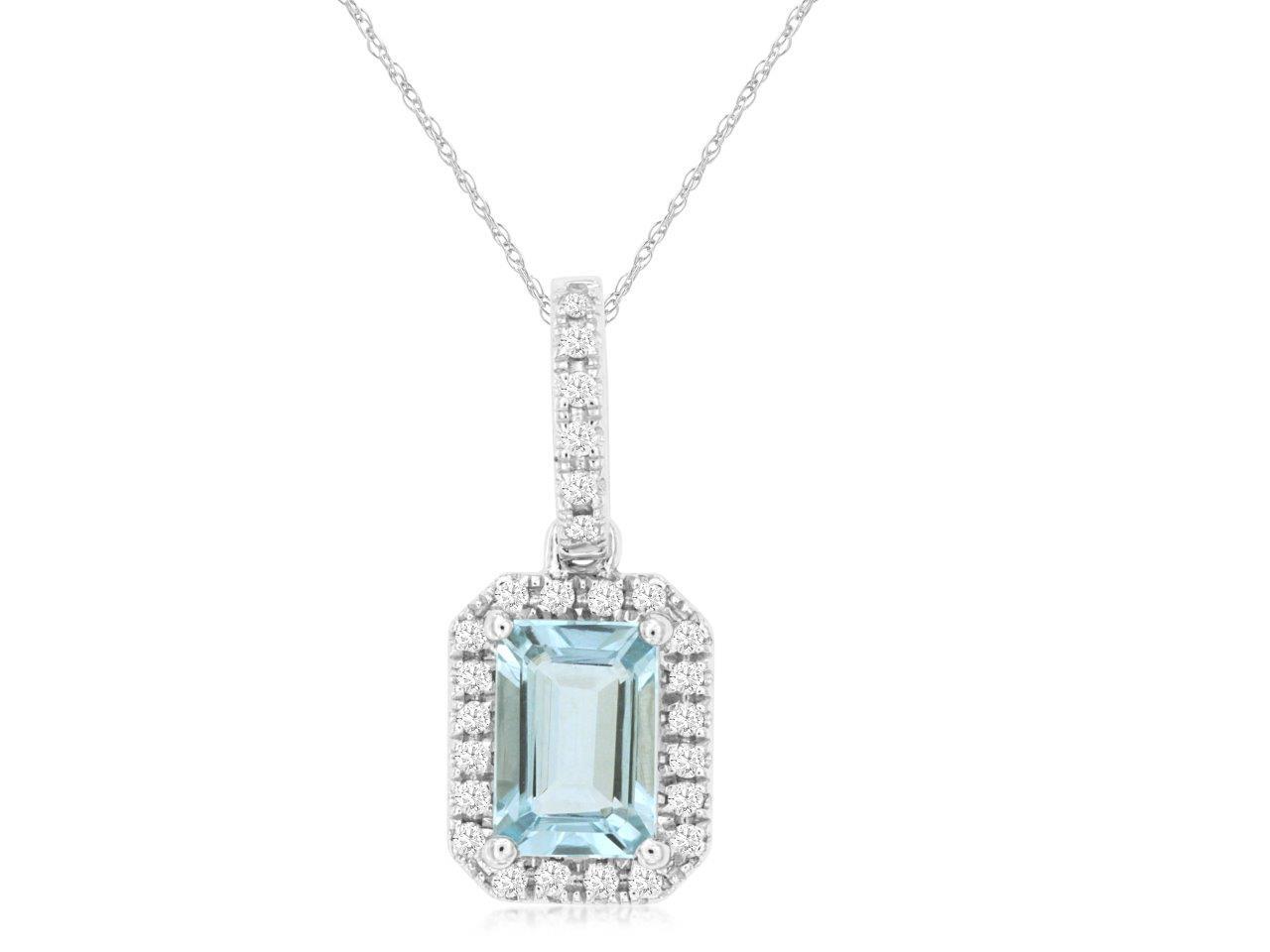 0.85ct Emerald Cut Aquamarine Pendant with 0.13cttw Diamond Accents Prong Set in 14K White Gold on an 18 Chain