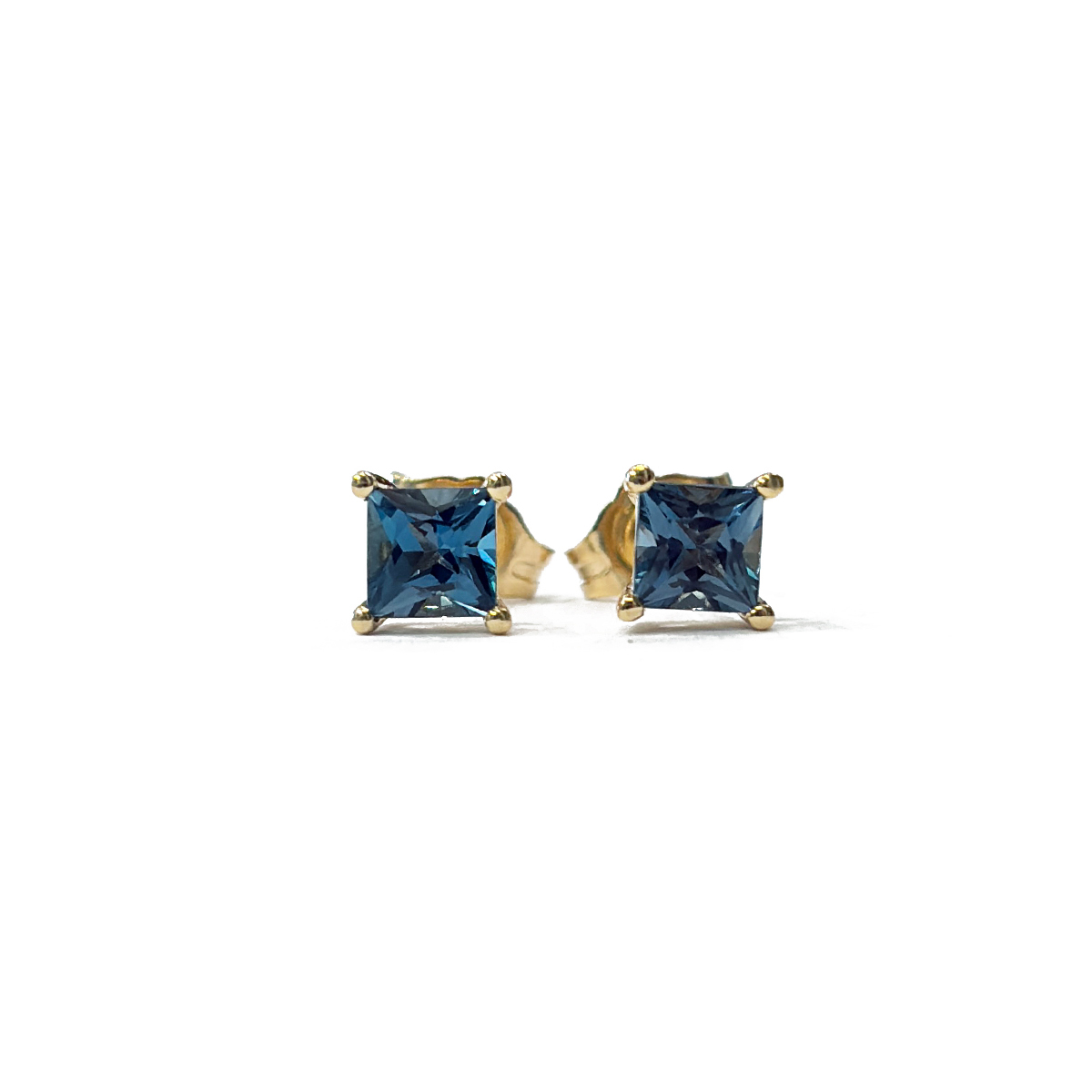 0.89cttw Princess Cut London Blue Topaz Prong Set in 14K Yellow Gold with Butterfly Backs