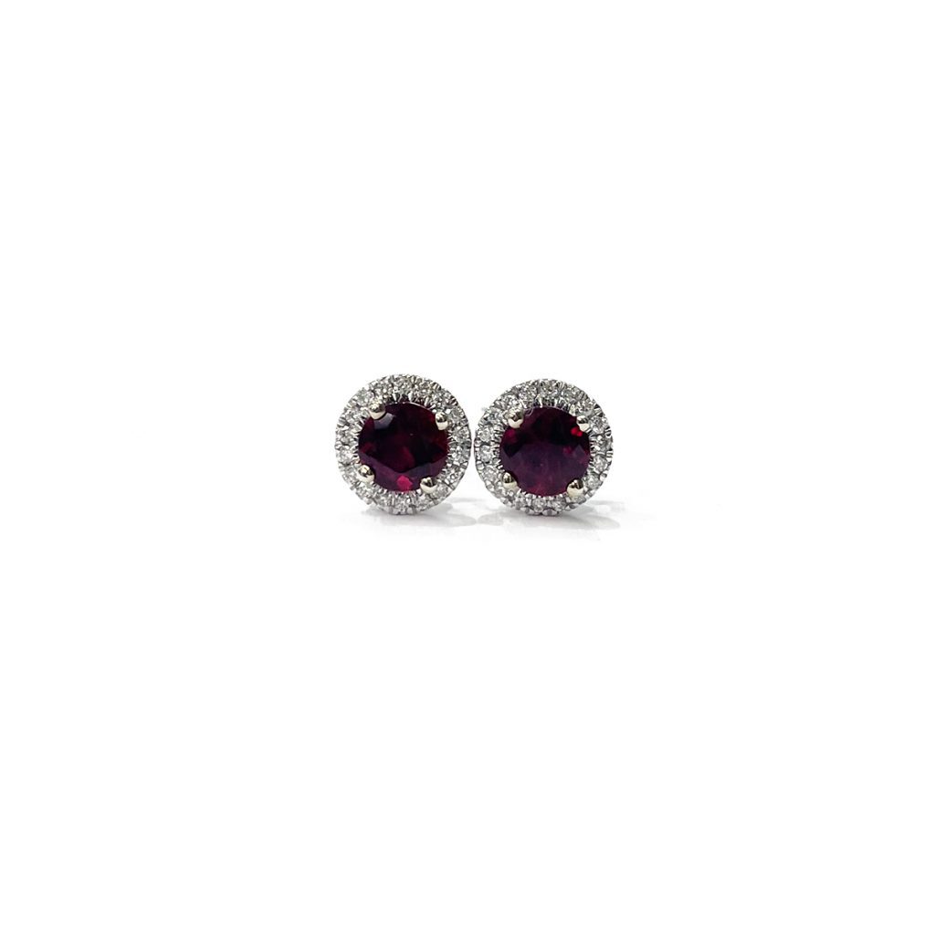 0.95ct Round Rubellite Maine Tourmaline Prong Set Stud Earrings set in 14K White Gold with 0.18cttw Diamond Halo