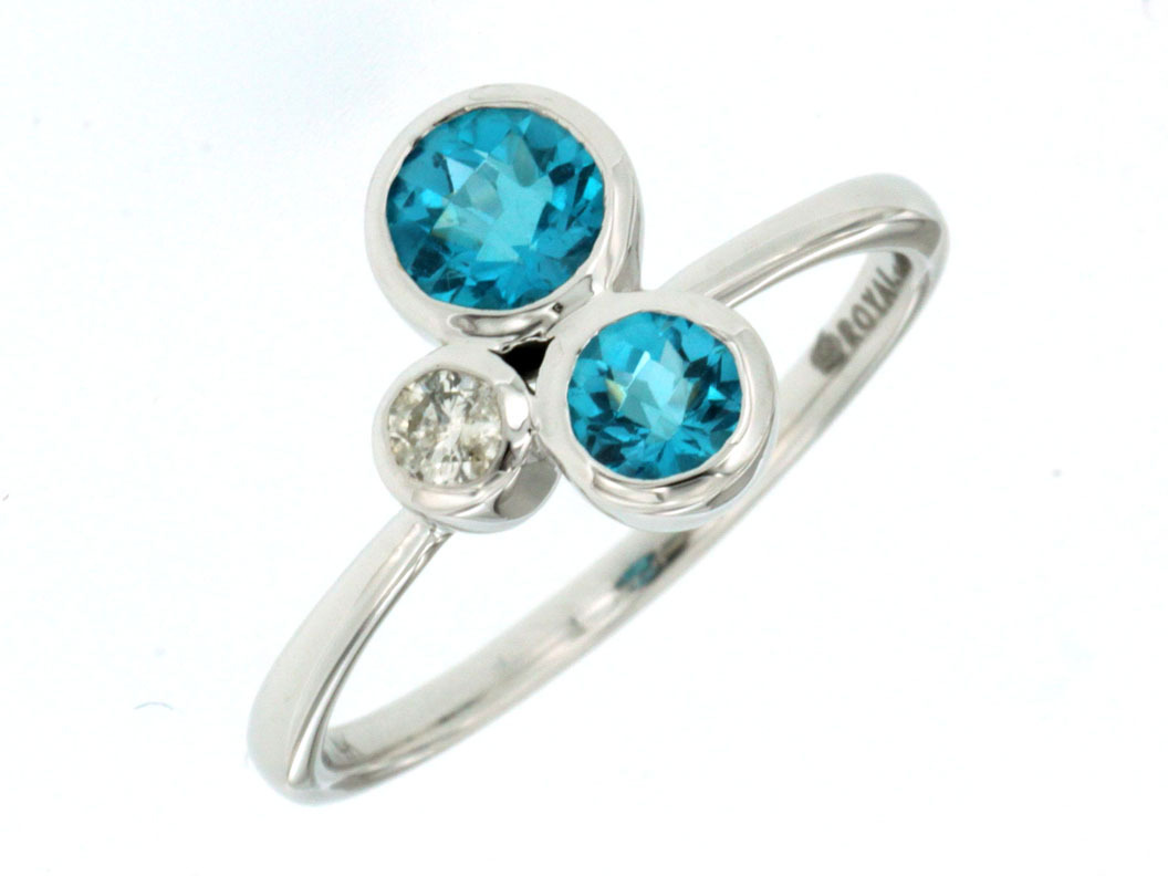 0.95cttw Round Blue Topaz Ring with a 0.08ct Round Cut Diamond Accent Bezel Set in Abstract 14K White Gold Mounting