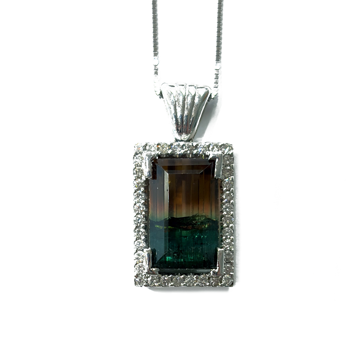 11.60ct Watermelon Tourmaline Pendant with a 0.59cttw Diamond Halo Accent Prong Set in 14K White Gold on an 18 Chain