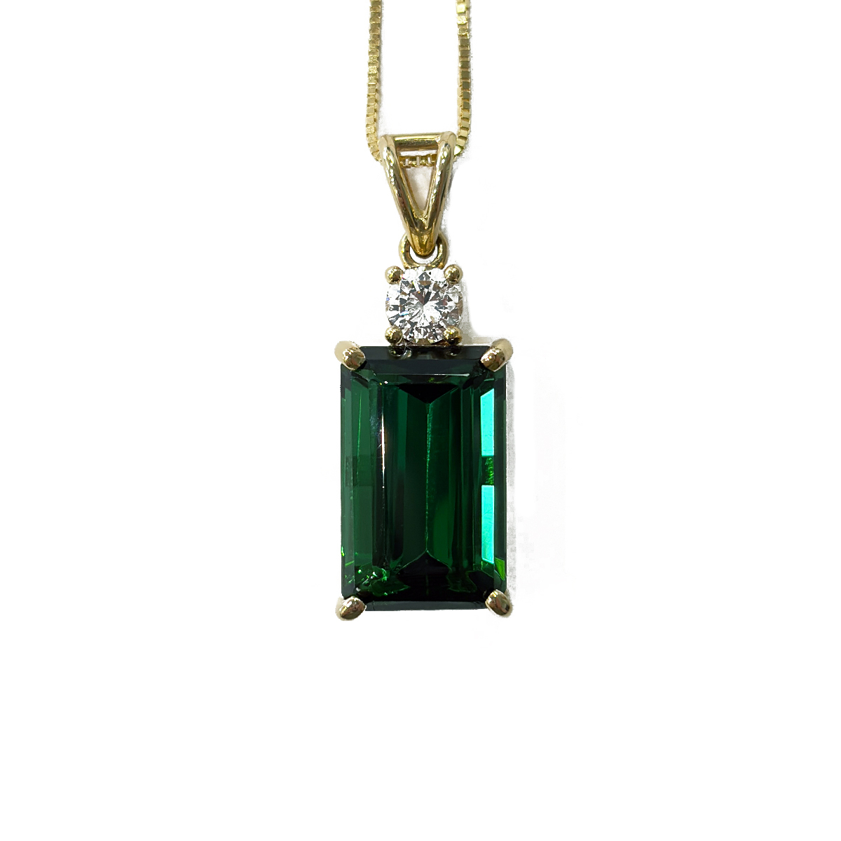 12.23ct Emerald Cut Green Tourmaline Pendant with a 0.43ct Brilliant Cut Diamond Accent Prong Set in 14K Yellow Gold on an 18 Chain