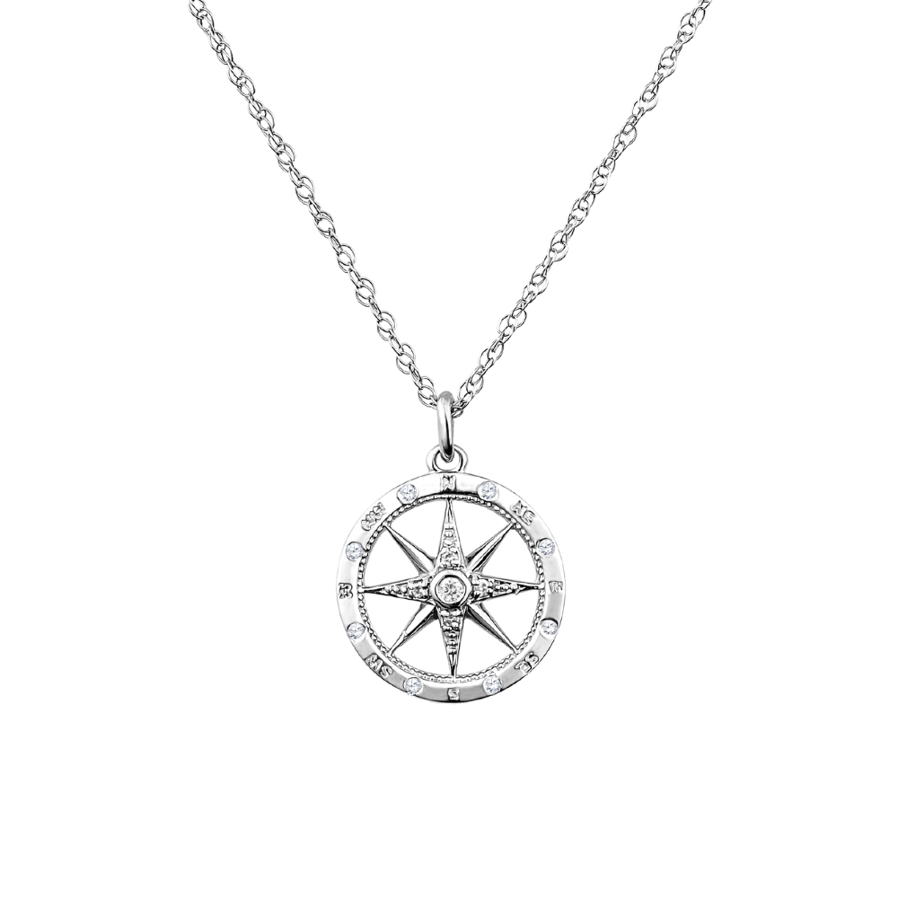 14k white gold compass rose pendant set wtih .20cttw of diamonds 14k white gold box chain