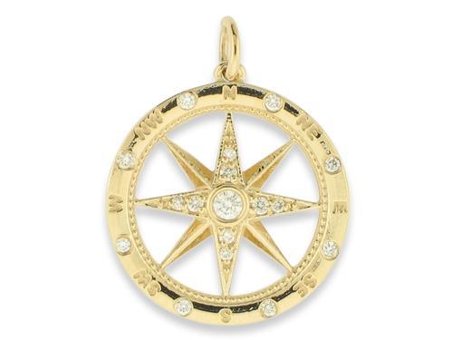 14k yellow gold compass rose pendant set with .08cttw of diamonds 18 14k yellow gold chain