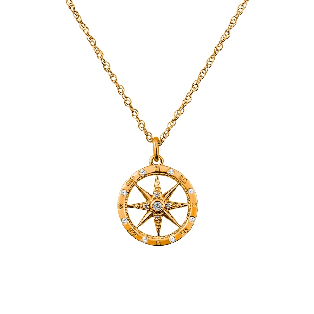 14k yellow gold small compass rose pendant set with .08cttw of diamonds 18 chain