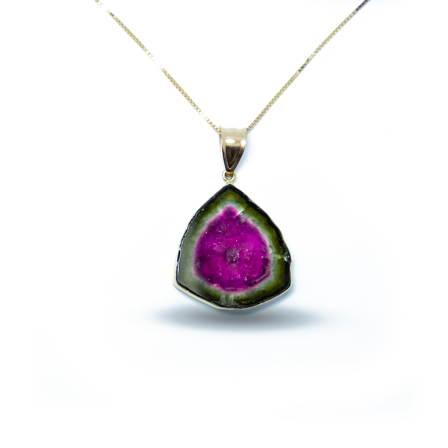 15.70ct watermelon tourmaline slice bezel set in 18k yellow gold 18 14k yellow gold box chain