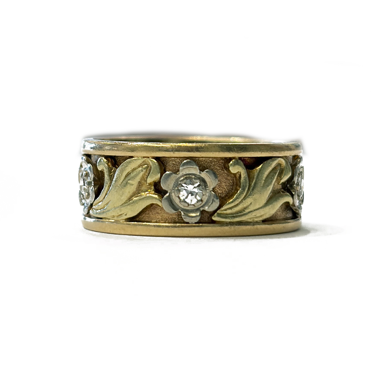 1940's Tri-Color Floral Wedding Band with Green, White, and Yellow 14K Gold featuring 0.18cttw Diamonds