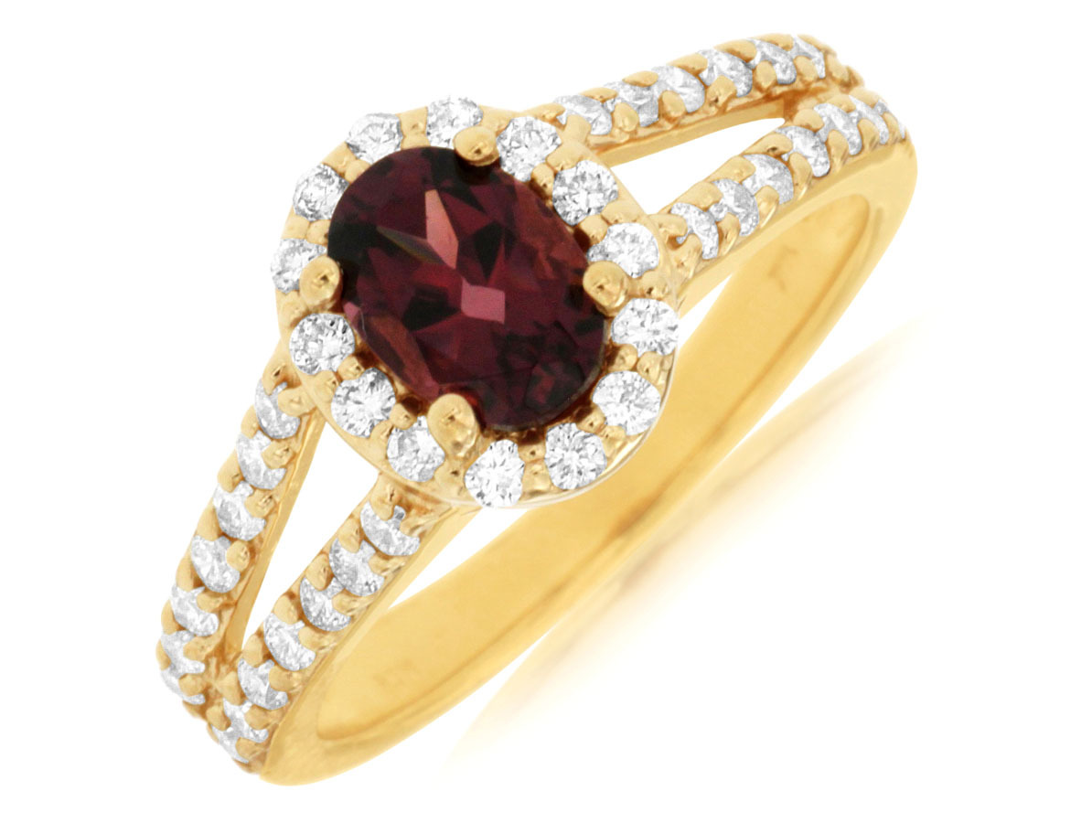 1.00ct Oval Cut Rhodolite Garnet Ring with 0.65cttw Diamond Accents Prong Set in 14K Yellow Gold