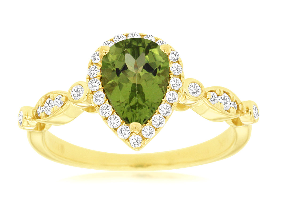 1.00ct Pear Cut Peridot Ring with 0.25cttw Diamond Accents Prong Set in 14K Yellow Gold