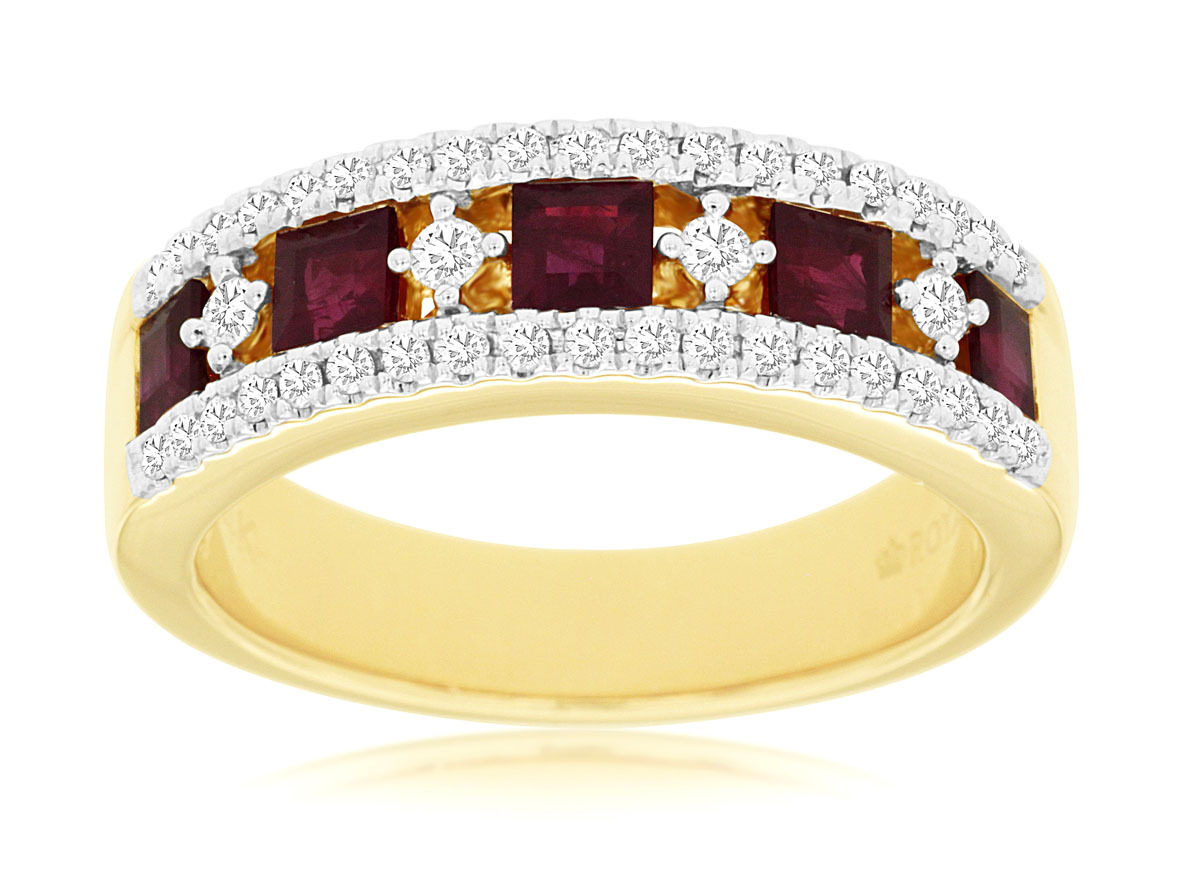 1.08cttw Princess Cut Ruby Band with 0.32cttw Diamond Accents Channel Set in 14K Yellow Gold