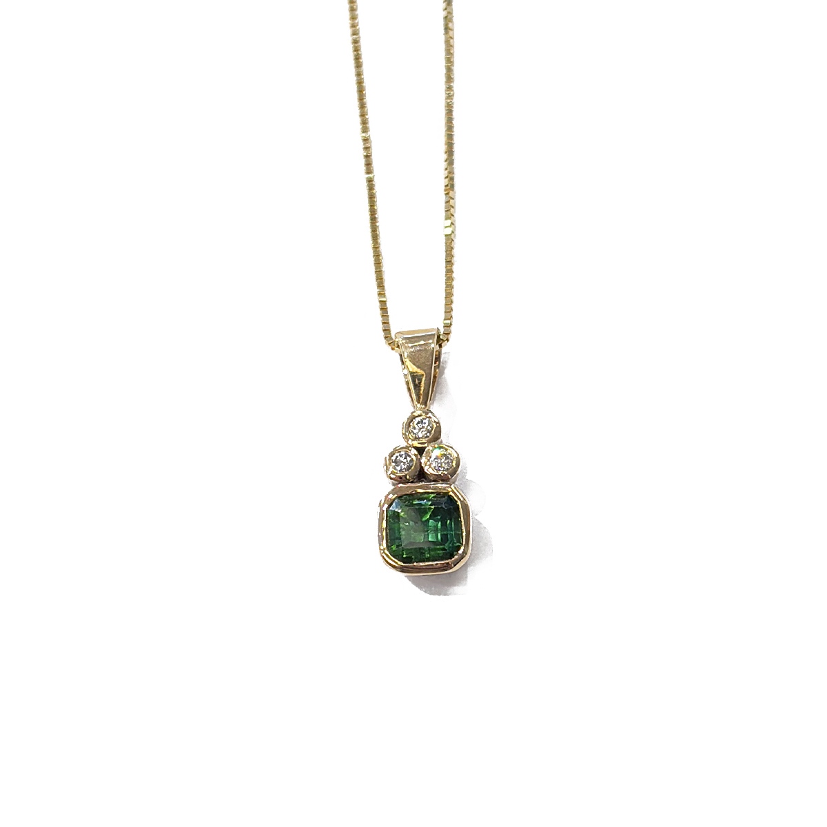 1.15ct Emerald Cut Maine Green Tourmaline Pendant with 0.08cttw Diamond Accents Bezel Set in 14K Yellow Gold on an 18 14K Yellow Gold Box Chain