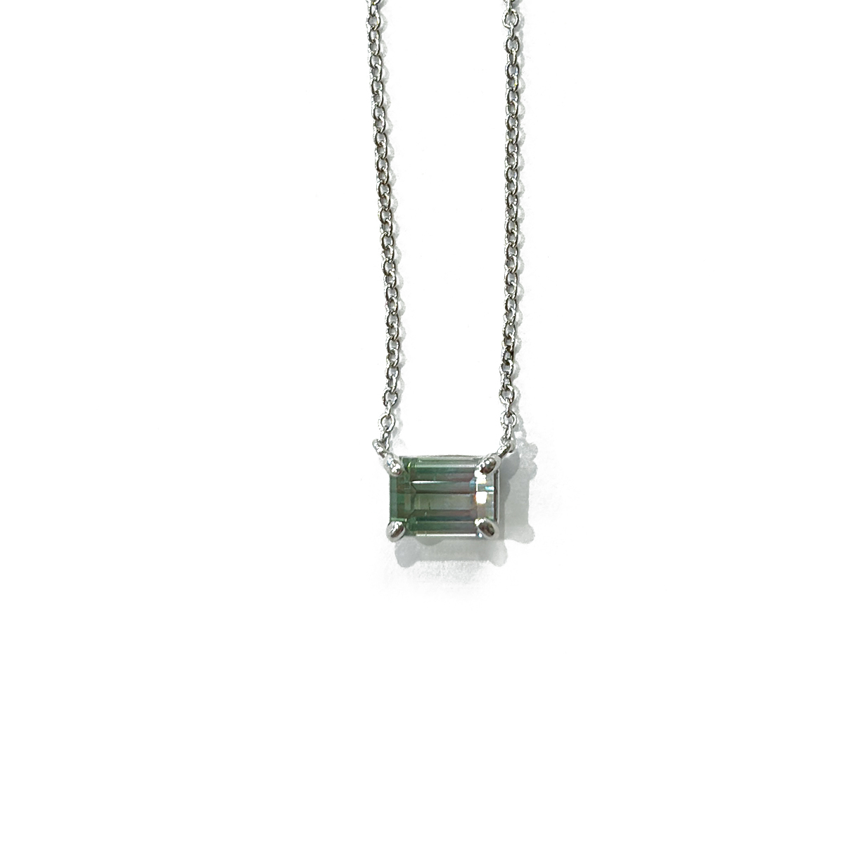 1.19ct Emerald Cut Maine Bi-Color Tourmaline Pendant East West Set with a Dedicated 18 Chain