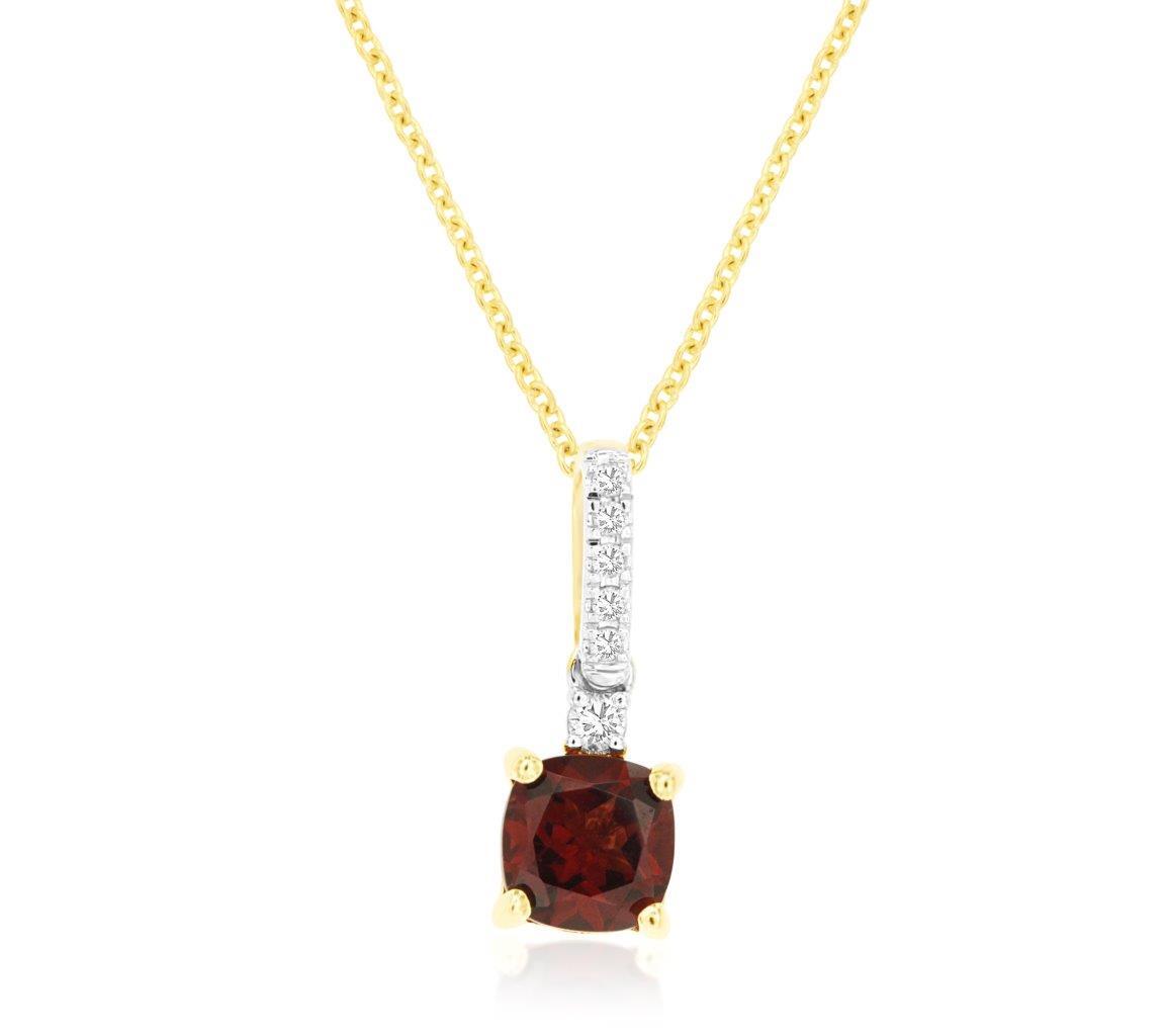 1.23ct Cushion Cut Garnet with 0.07cttw Diamond Accents Prong Set in 14K Yellow Gold on an 18 Chain