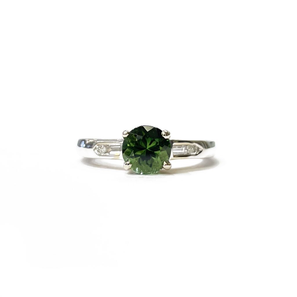 1.25ct round Maine green tourmaline set in 18K White and Yellow  ring .15cttw Diamond Accents