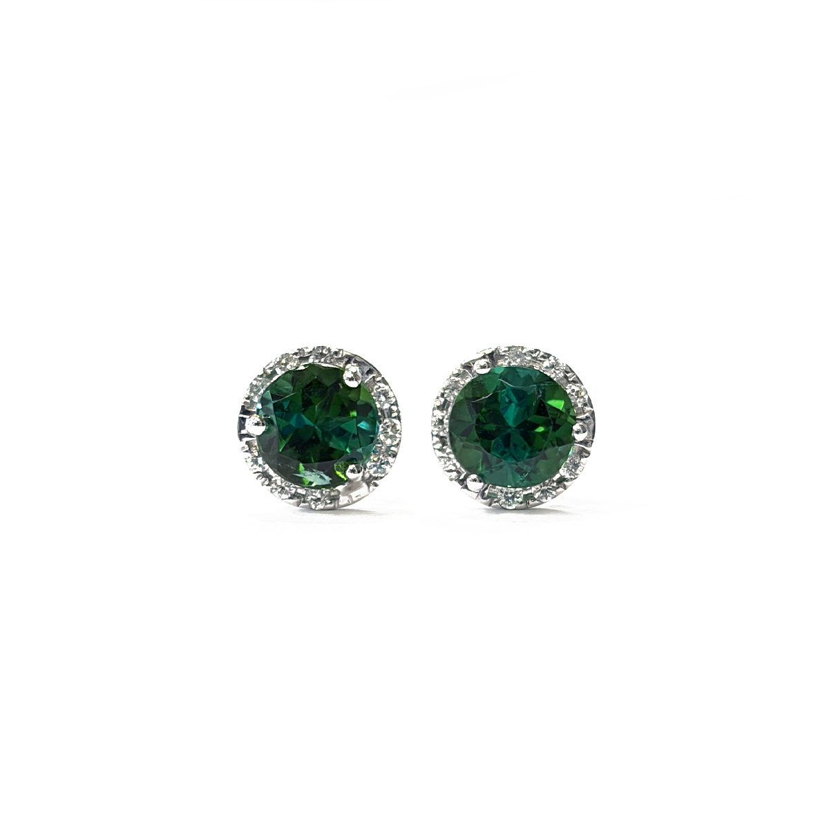 1.29cttw Round Cut Green Tourmaline Studs with 0.11cttw Diamond Halos Prong Set in 18K White Gold
