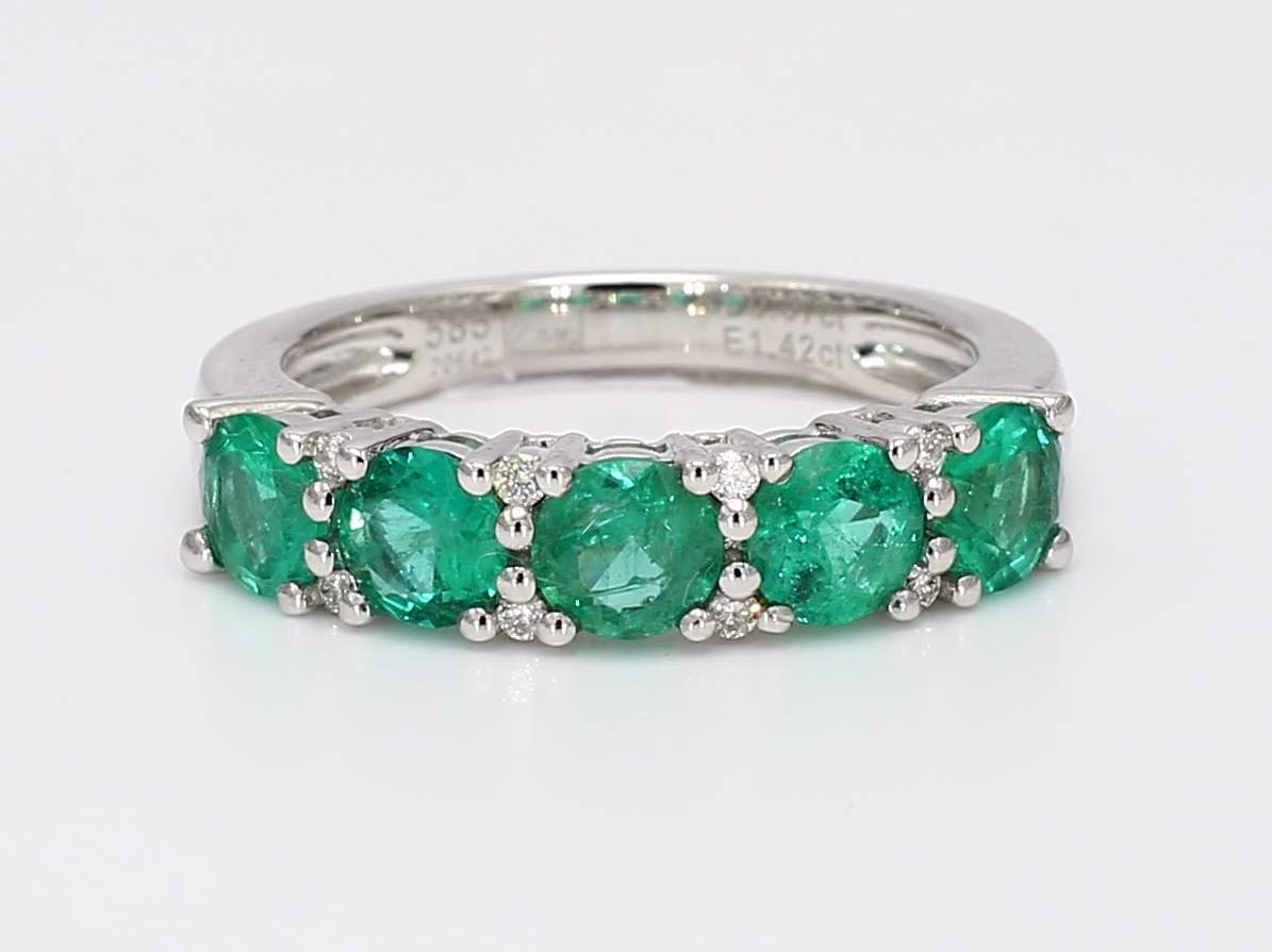1.42cttw Round Cut Emerald Band with 0.07cttw Diamond Accents Prong Set in 14K White Gold