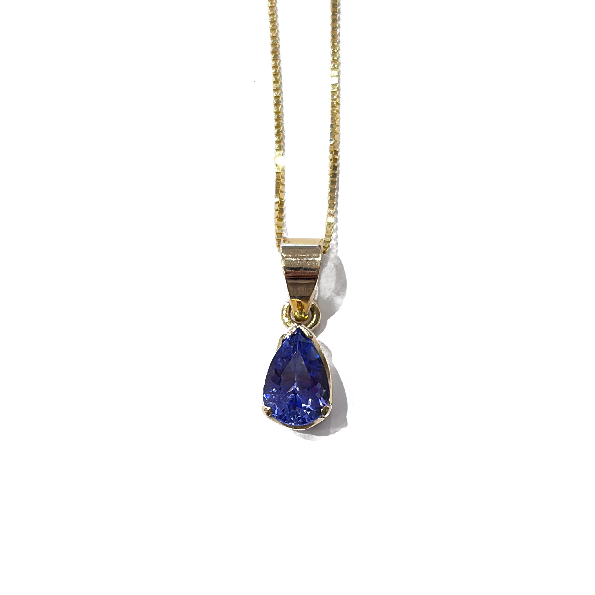 1.45ct Pear Cut Tanzanite Pendant Half Bezel Set in 14K Yellow Gold on an 18 14K Yellow Gold Box Chain