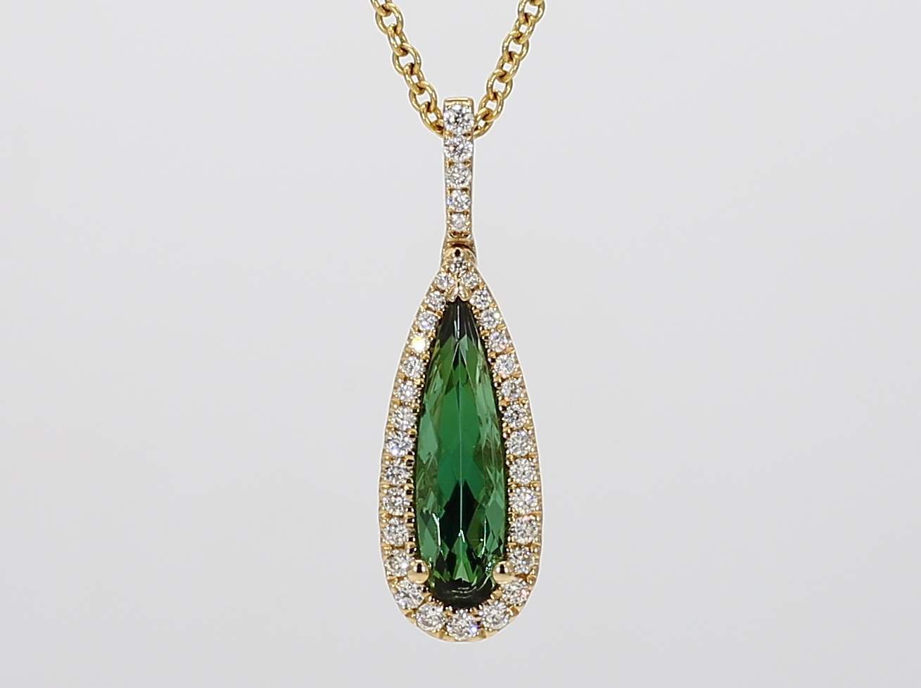 1.48ct Elongated Pear Cut Green Tourmaline Pendant with 0.28cttw Diamond Halo Accent Prong Set in 14K Yellow Gold on an 18 Box Chain