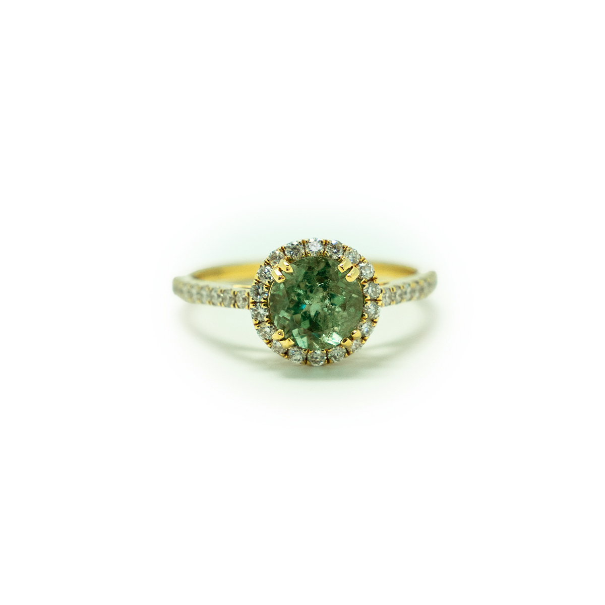 1.53ct Round Mint Maine Tourmaline Double Prong Set Ring set in 18K Yellow Gold with 0.40cttw Diamond Halo