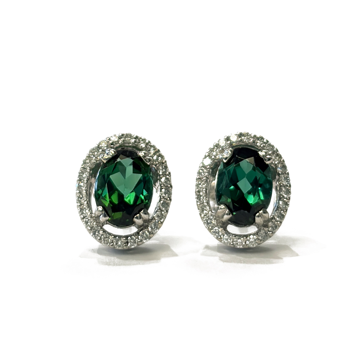 1.56cttw Oval Cut Indicolite Tourmaline Studs with 0.23cttw Diamond Accents in 14K White Gold