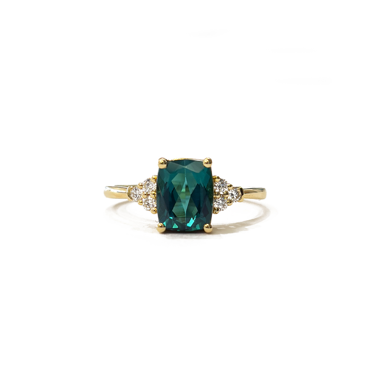 1.57ct Cushion Cut Indicolite Tourmaline Three Dories Ring with 0.17cttw Diamond Accents Prong Set in 18K Yellow Gold