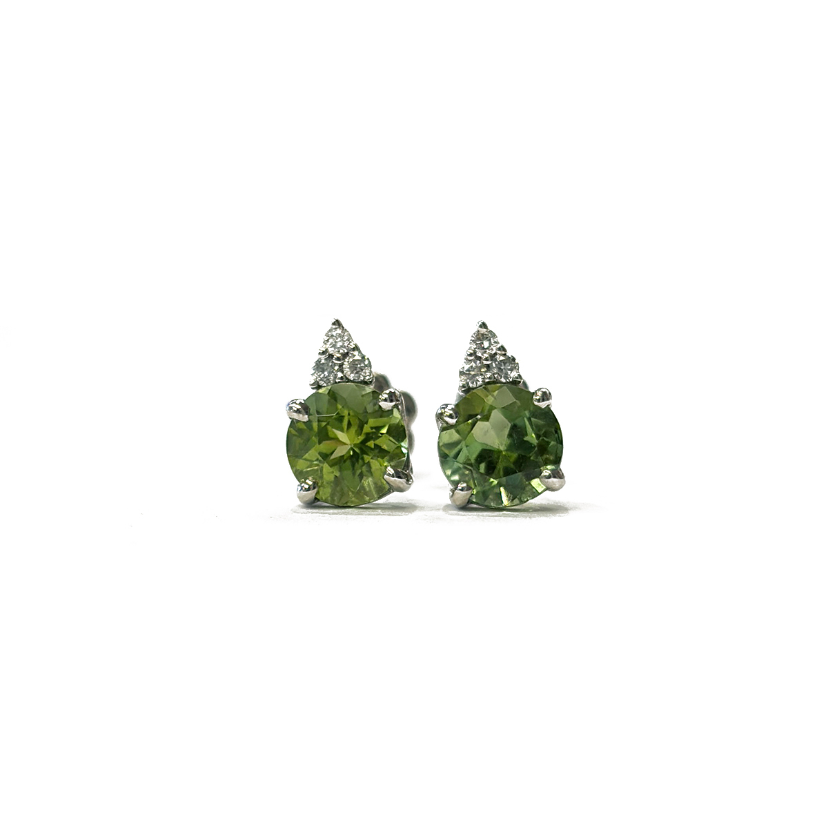 1.57cttw Round Cut Chrome Green Tourmaline Studs with 0.08cttw Diamond Accents Prong Set in 14K White Gold with Butterfly Backs