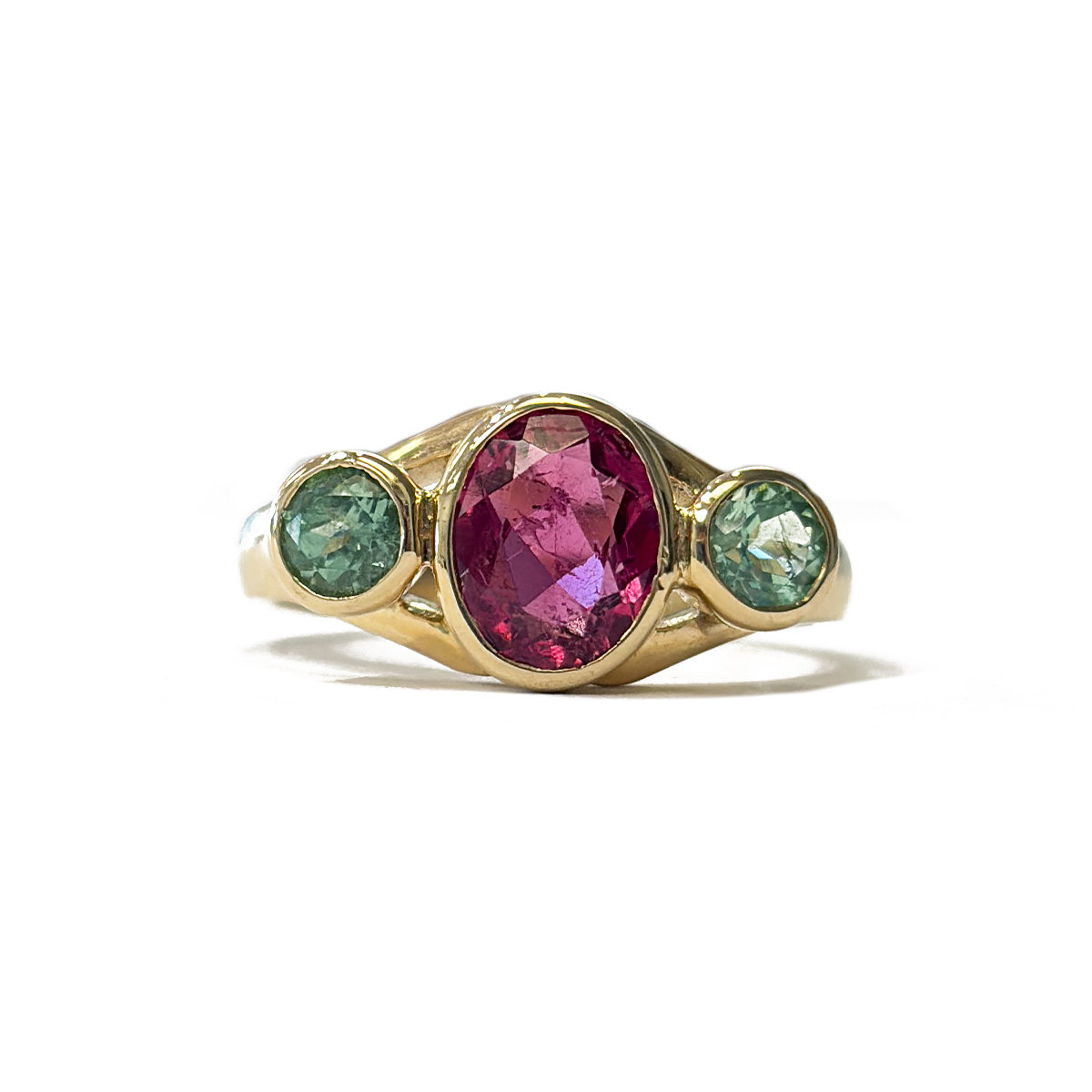 1.61cttw Multicolor Maine Tourmaline Ring Featuring an Oval Pink Tourmaline Accented by Two Round Green Tourmalines Bezel Set in 14K Yellow Gold