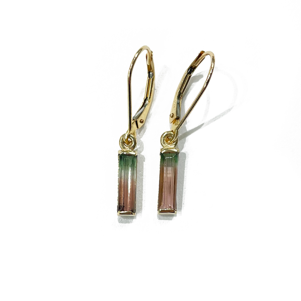 1.67cttw watermelon tourmaline bar set in 14k yellow gold earrings 14k gold leverbacks