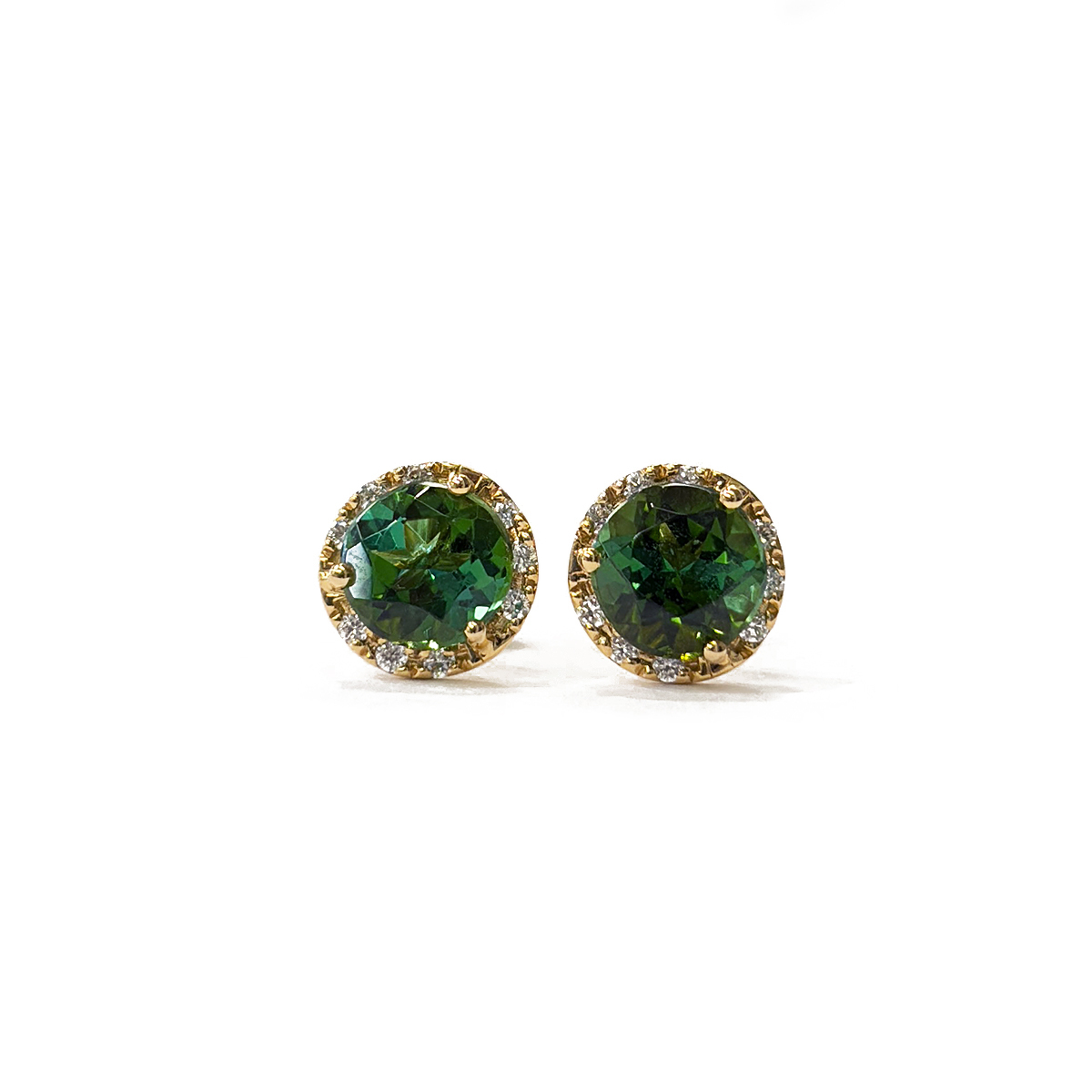 1.69cttw Round Cut Green Tourmaline Studs with 0.11cttw Diamond Halos Prong Set in 18K Yellow Gold