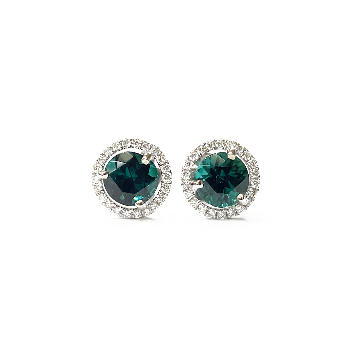 1.79cttw round blue tourmaline set with .23cttw of diamonds in 14k white gold halo stud earrings