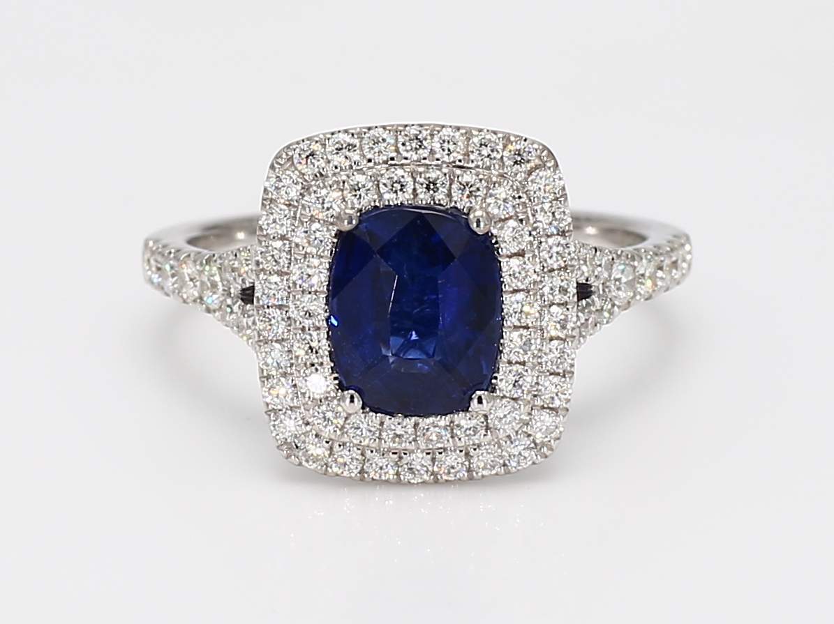 1.84ct Cushion Cut Sapphire Ring with 0.57cttw Double Diamond Halo Prong Set in 14K White Gold
