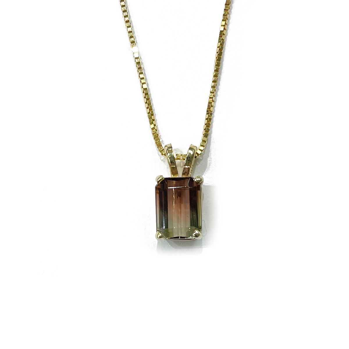 1.85ct emerald cut watermelon tourmaline prong set in 14k yellow gold pendant 18 14k gold box chain