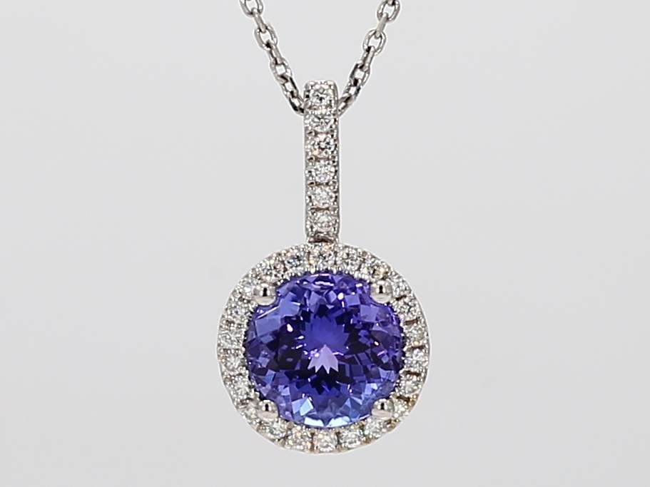 1.88ct Round Cut Tanzanite Pendant with 0.19cttw Diamond Accents Prong Set in 14K White Gold on an 18 Chain
