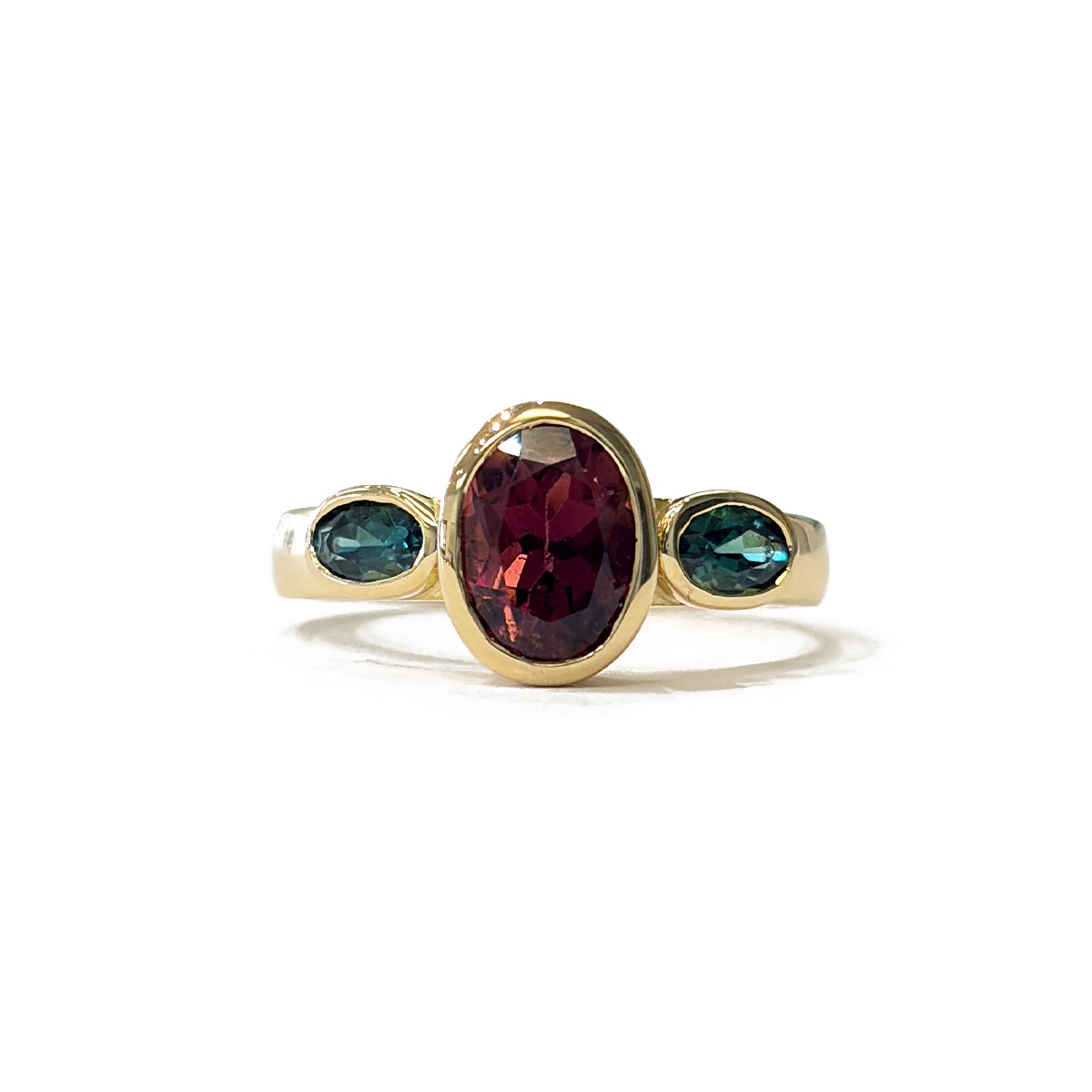 1.94cttw Maine Tourmaline Ring Featuring an Oval Pink Tourmaline Bezel Set with Two Oval Indicolite Tourmalines in 14K Yellow Gold