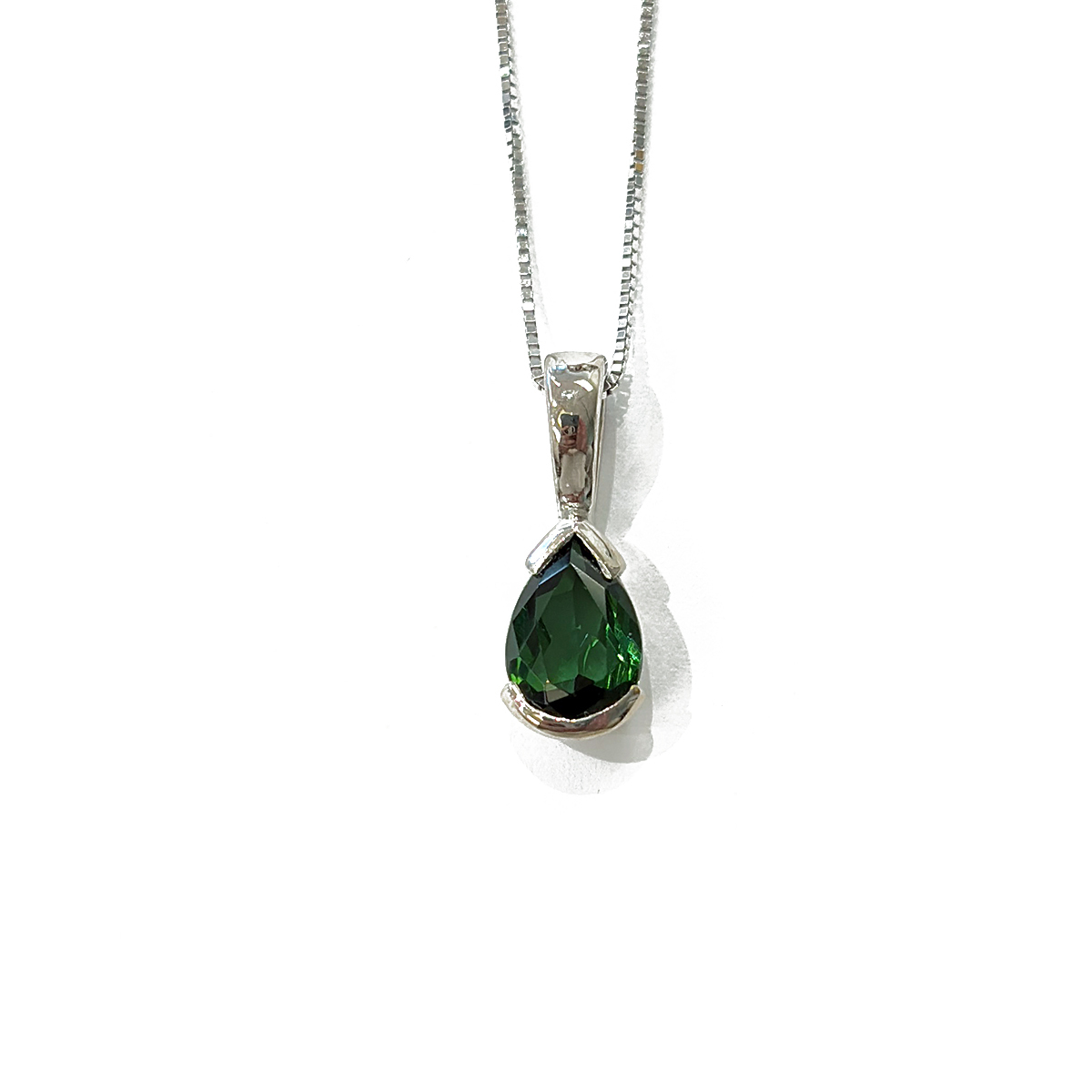 1.96ct Pear Cut Green Tourmaline Pendant Half Bezel Set in 14K White Gold on an 18 14K White Gold Box Chain