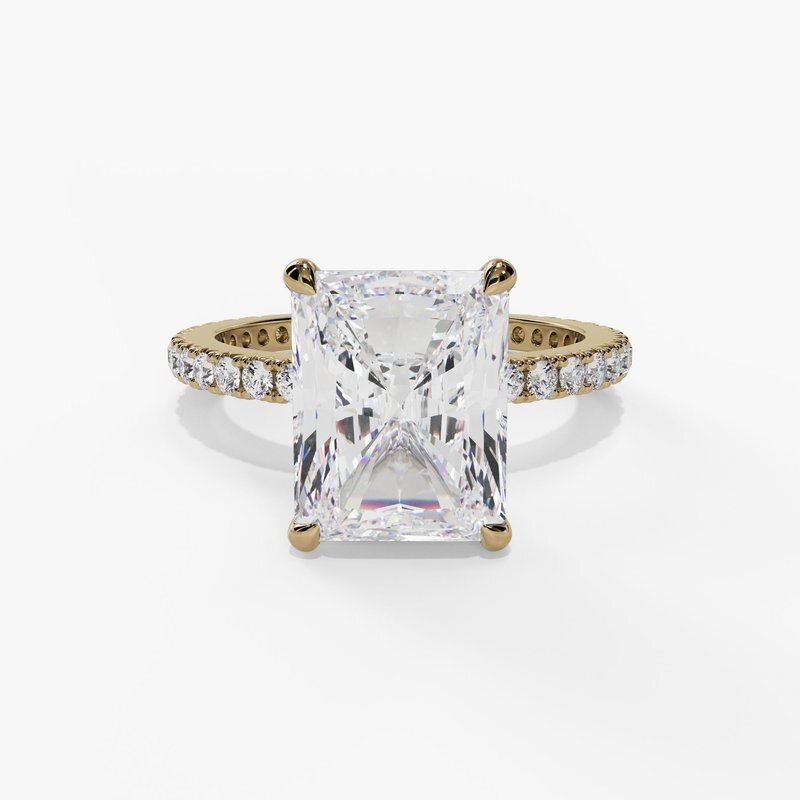 2.07ct Radiant Cut Lab Grown Diamond (E, VS1) Solitaire with 0.36cttw Diamond Hidden Halo and Shank Accents Prong Set in 14K Yellow Gold