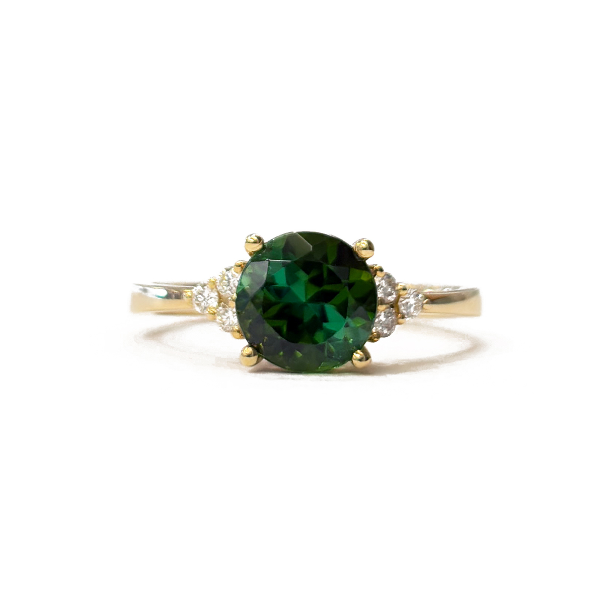 2.07ct Round Cut Green Tourmaline Three Dories Ring with 0.10cttw Diamond Accents Prong Set in 18K Yellow Gold