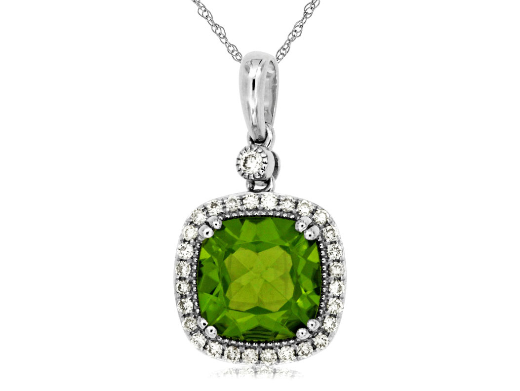 2.10ct Cushion Cut Peridot with 0.18cttw Diamond Accents Double Prong Set in 14K White Gold on an 18 Chain