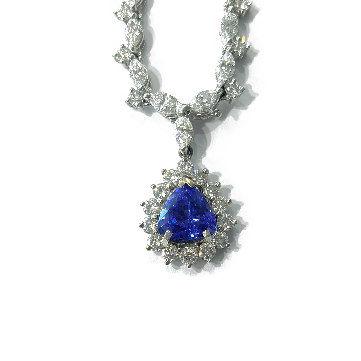2.12ct Trillion Cut Tanzanite Necklace with 3.55cttw Diamond Accents Set in 18K White Gold on a Dedicated Chain